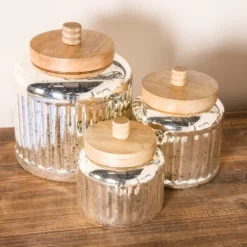 Silver Glass Jars With Wooden Lids, Set Of 3-Kirkland's Home Outlet