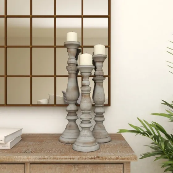 Slate Rustic Mango Wood 3-Pc. Candle Holder Set-Kirkland's Home Discount