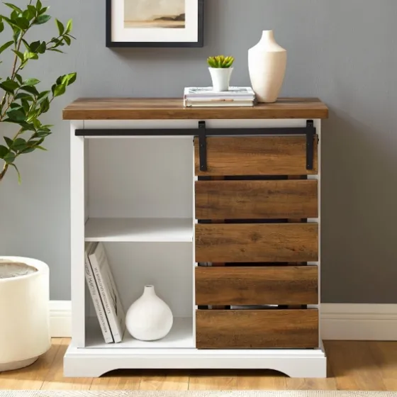 Slatted Sliding Barn Door White And Oak Cabinet-Kirkland's Home Store