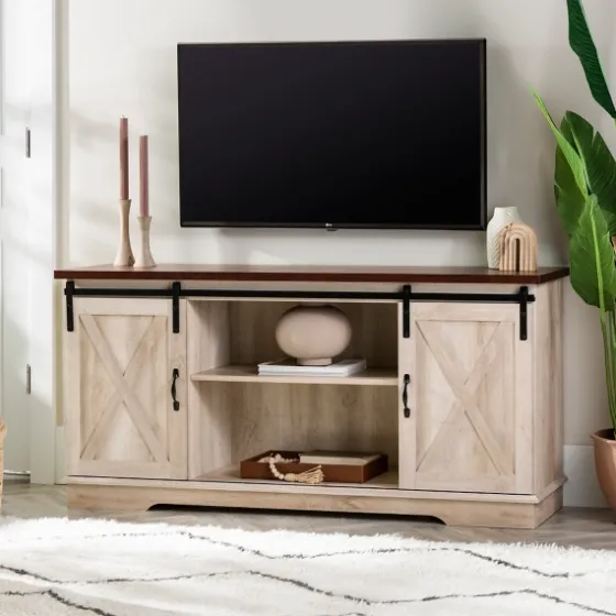 Sliding Barn Door Open Shelf White Tv Stand-Kirkland's Home Outlet