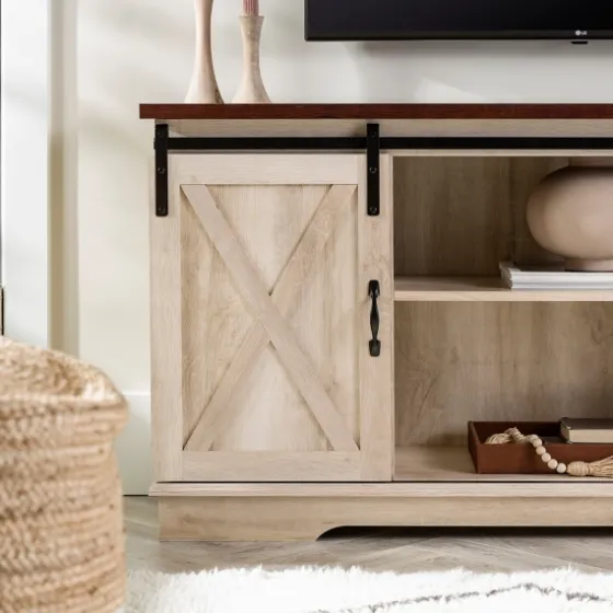 Sliding Barn Door Open Shelf White Tv Stand-Kirkland's Home Outlet