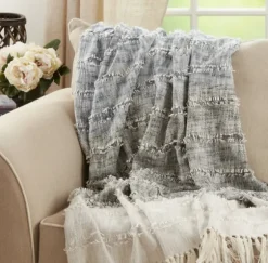 Soft Blue Textured Striped Tassel Throw-Kirkland's Home Cheap