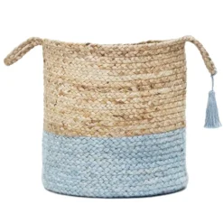 Spa Blue And Tan Woven Basket With Tassel, 17 In.-Kirkland's Home Clearance