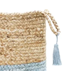 Spa Blue And Tan Woven Basket With Tassel, 17 In.-Kirkland's Home Clearance