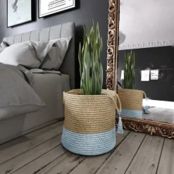 Spa Blue And Tan Woven Basket With Tassel, 17 In.-Kirkland's Home Clearance