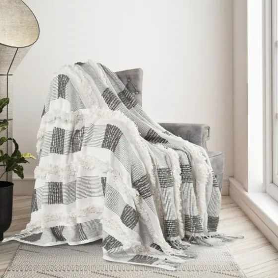 Spencer Gray And White Plaid Throw-Kirkland's Home Best