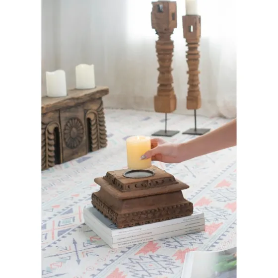 Square Carved Wood Pillar Candle Holder-Kirkland's Home New
