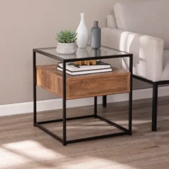 Square Metal And Wood Glass Top Accent Table-Kirkland's Home Cheap