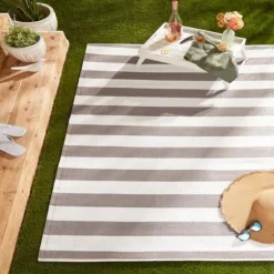 Stone And White Rugby Stripe Outdoor Area Rug, 4X6-Kirkland's Home Clearance