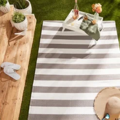 Stone And White Rugby Stripe Outdoor Area Rug, 4X6-Kirkland's Home Clearance