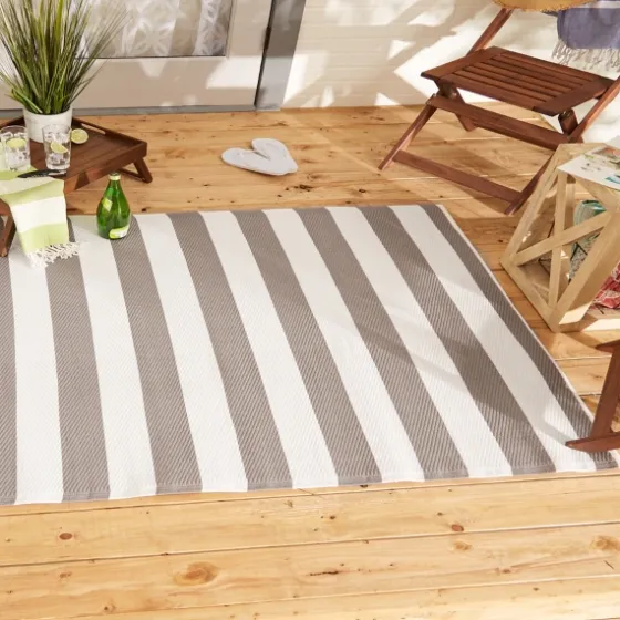 Stone And White Rugby Stripe Outdoor Area Rug, 4X6-Kirkland's Home Clearance