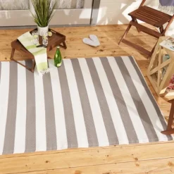 Stone And White Rugby Stripe Outdoor Area Rug, 4X6-Kirkland's Home Clearance
