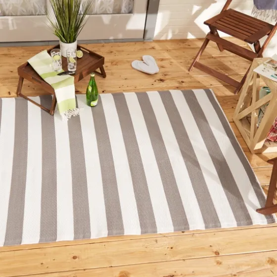 Stone And White Rugby Stripe Outdoor Area Rug, 4X6-Kirkland's Home Clearance