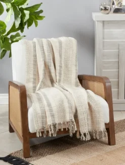 Stripes And Fringe Cream Throw Blanket-Kirkland's Home Store