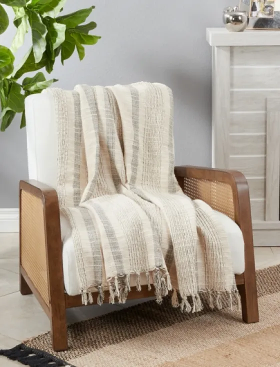 Stripes And Fringe Cream Throw Blanket-Kirkland's Home Store