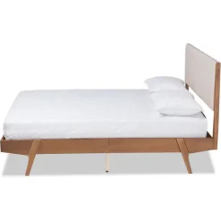 Tan Upholstered Brown Wood Queen Platform Bed-Kirkland's Home Outlet