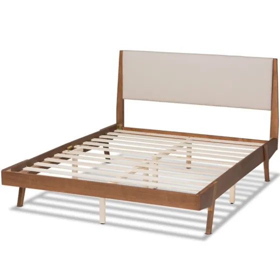 Tan Upholstered Brown Wood Queen Platform Bed-Kirkland's Home Outlet