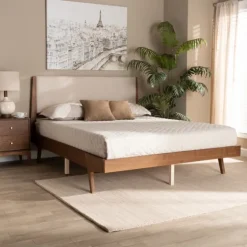 Tan Upholstered Brown Wood Queen Platform Bed-Kirkland's Home Outlet