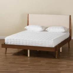 Tan Upholstered Brown Wood Queen Platform Bed-Kirkland's Home Outlet