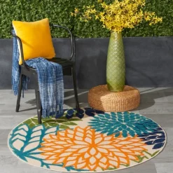 Tangerine Floral Burst Round Outdoor Area Rug-Kirkland's Home Cheap