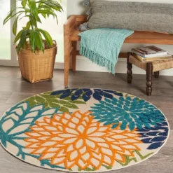 Tangerine Floral Burst Round Outdoor Area Rug-Kirkland's Home Cheap