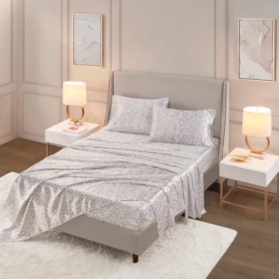 Taupe Leopard Print Satin 4-Pc. Full Sheet Set-Kirkland's Home Store