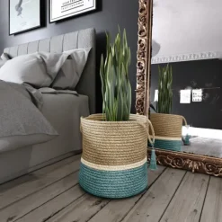 Teal Off White Woven Basket With Tassel, 17 In.-Kirkland's Home Hot