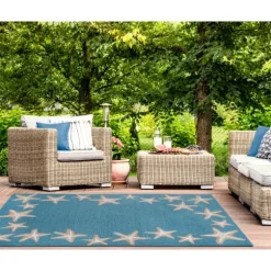Teal Starfish Border Outdoor Area Rug, 5X7-Kirkland's Home Store