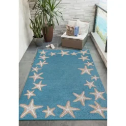 Teal Starfish Border Outdoor Area Rug, 5X7-Kirkland's Home Store