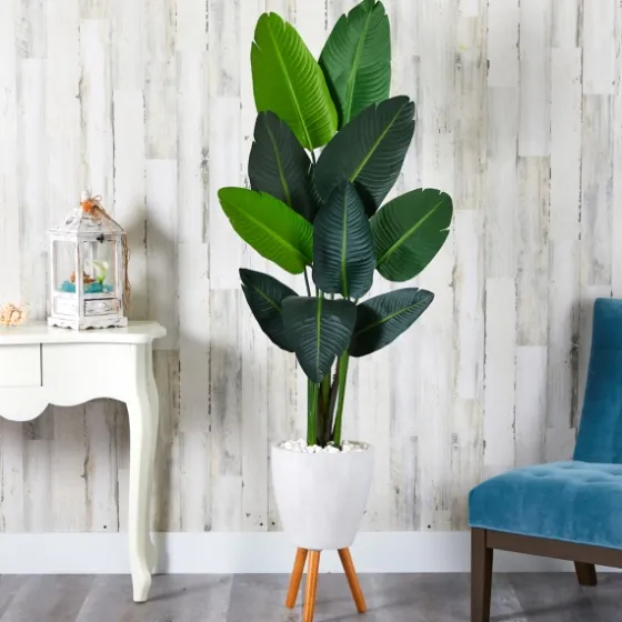 Travelers Palm Rock Tree In White Plant Stand-Kirkland's Home Flash Sale