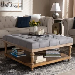 Upholstered Linen Tufted Ottoman With Shelf-Kirkland's Home Fashion