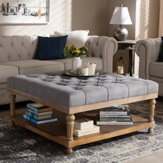 Upholstered Linen Tufted Ottoman With Shelf-Kirkland's Home Fashion