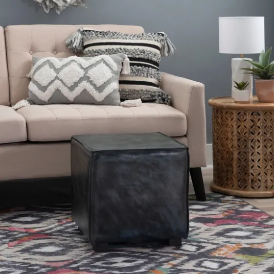 Vintage Finish Leather Cube Ottoman-Kirkland's Home Online