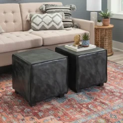 Vintage Finish Leather Cube Ottoman-Kirkland's Home Online