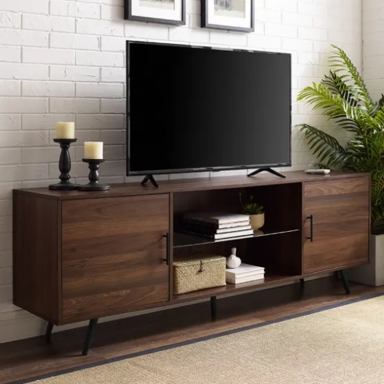 Walnut Mid-Century Modern Glass Shelf Tv Stand-Kirkland's Home Shop