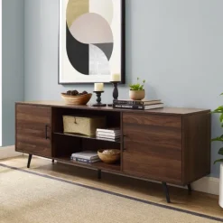 Walnut Mid-Century Modern Glass Shelf Tv Stand-Kirkland's Home Shop