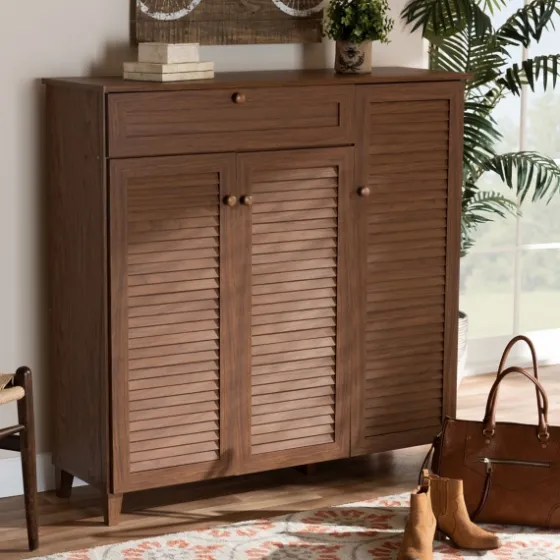 Walnut Wood 11-Shelf Paneled Shoe Cabinet-Kirkland's Home Sale