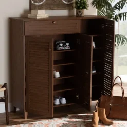 Walnut Wood 11-Shelf Paneled Shoe Cabinet-Kirkland's Home Sale