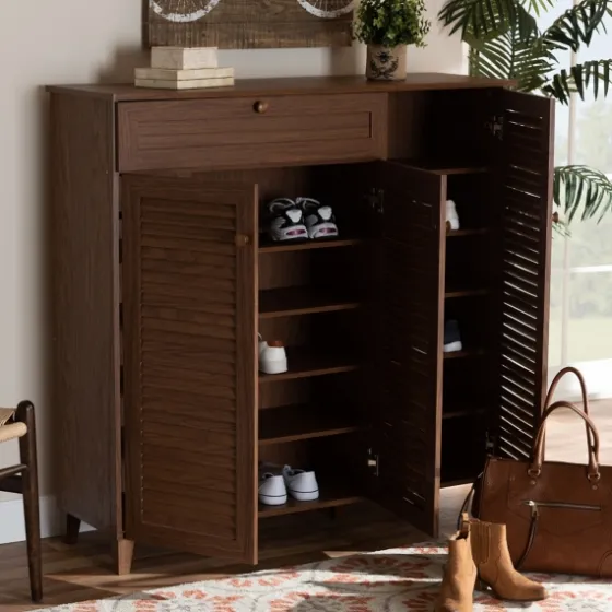 Walnut Wood 11-Shelf Paneled Shoe Cabinet-Kirkland's Home Sale