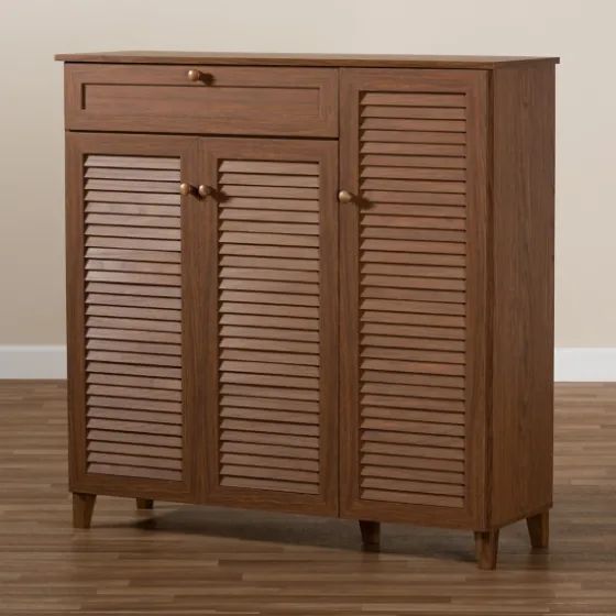 Walnut Wood 11-Shelf Paneled Shoe Cabinet-Kirkland's Home Sale