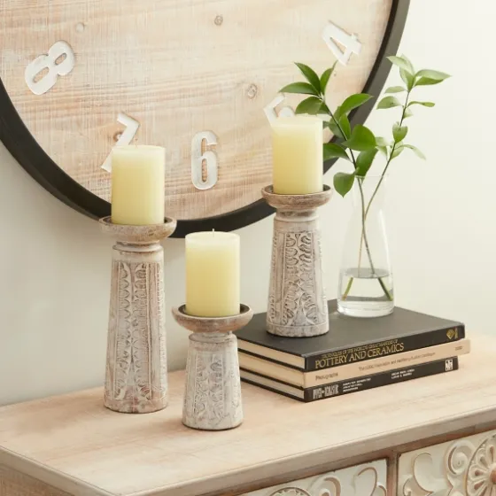 Washed Carved Wood Candle Holders, Set Of 3-Kirkland's Home Best
