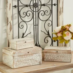 Washed Floral Carved Wood Boxes, Set Of 3-Kirkland's Home Shop