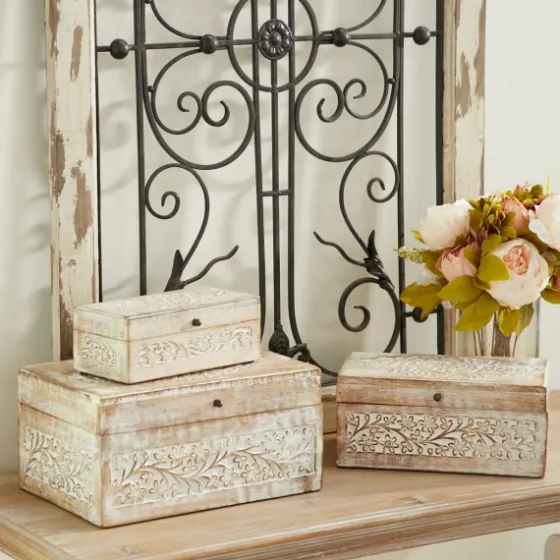 Washed Floral Carved Wood Boxes, Set Of 3-Kirkland's Home Shop