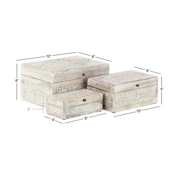 Washed Floral Carved Wood Boxes, Set Of 3-Kirkland's Home Shop