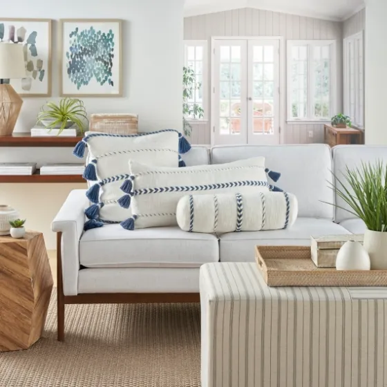 White And Blue Braided Stripe Lumbar Pillow-Kirkland's Home Shop