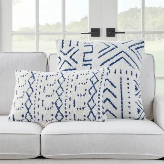 White And Blue Tufted Geo Lumbar Pillow-Kirkland's Home Cheap