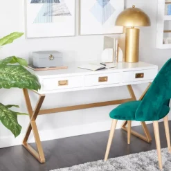 White And Gold Metal Desk With Outlets-Kirkland's Home Fashion