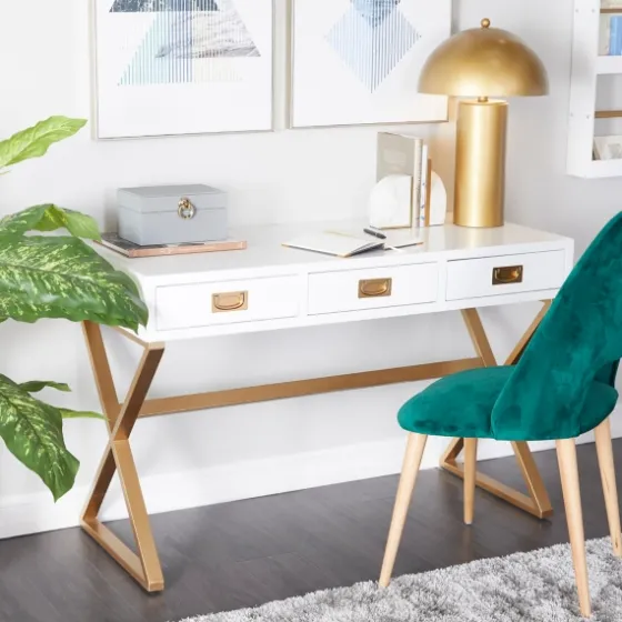 White And Gold Metal Desk With Outlets-Kirkland's Home Fashion