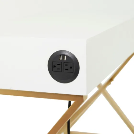 White And Gold Metal Desk With Outlets-Kirkland's Home Fashion