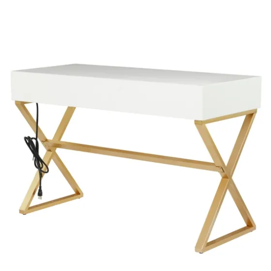 White And Gold Metal Desk With Outlets-Kirkland's Home Fashion
